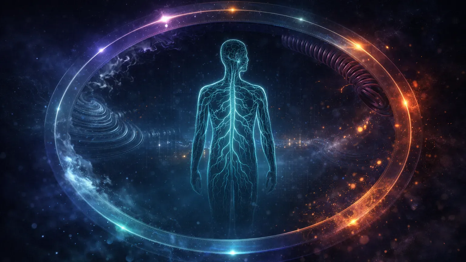 Abstract 24/7 crypto market pressure surrounding a trader’s nervous system and rules