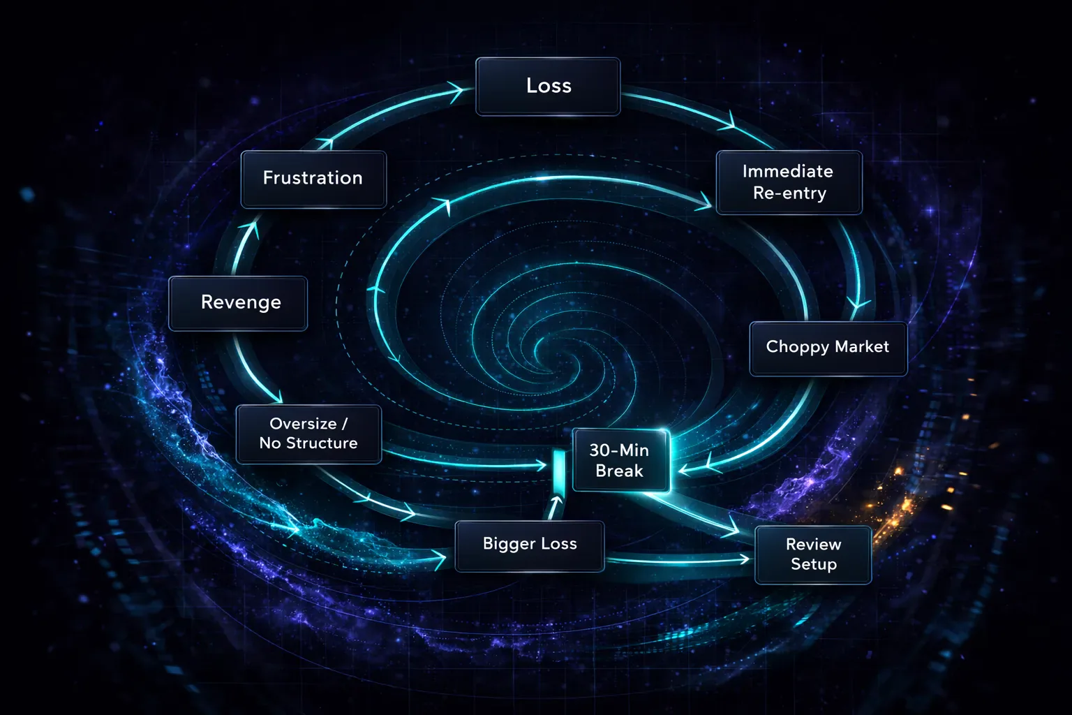 Diagram of the revenge-trade spiral and the break rule after a loss