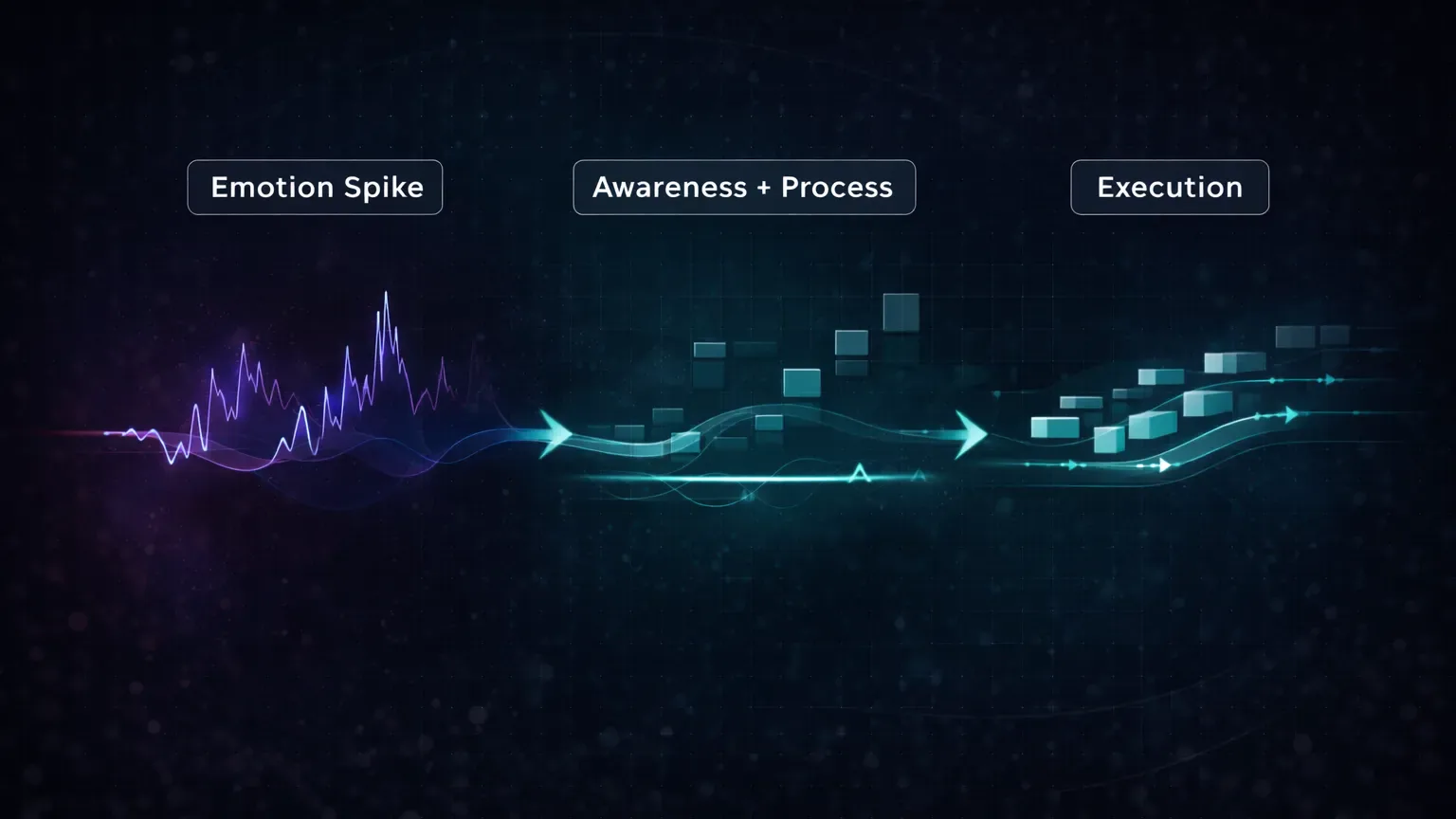 Diagram showing emotional awareness as a buffer between feeling and reaction in trade execution