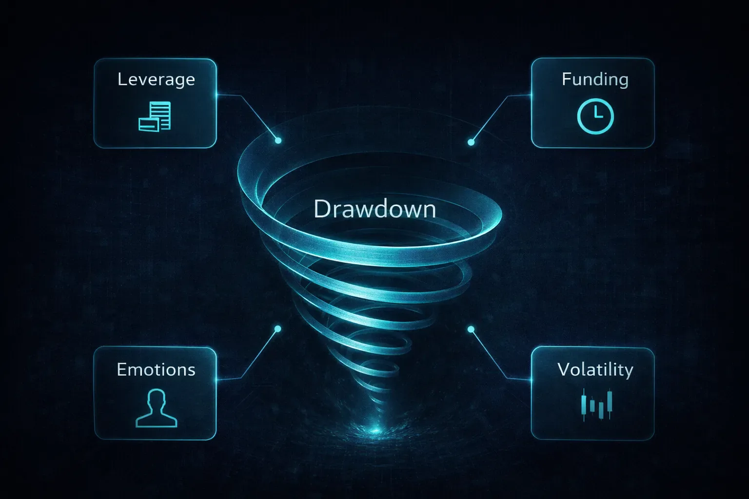 Visual metaphor of crypto drawdown spiral showing equity decline and emotional pressure