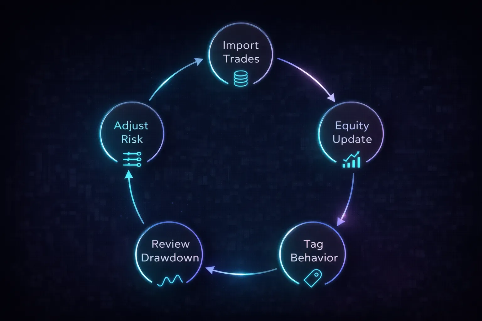 Circular journaling workflow showing trade import, analysis, tagging, and review loop