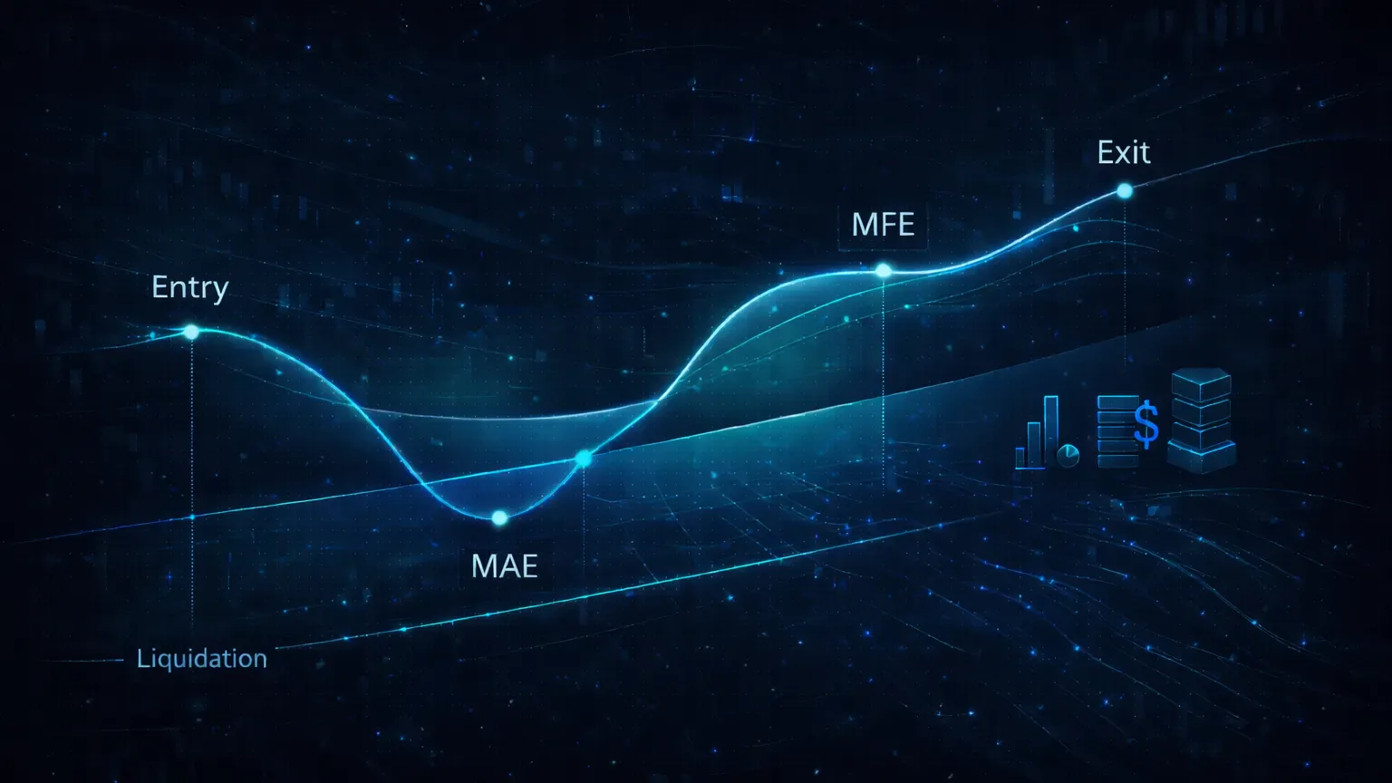 Single futures trade anatomy showing entry, MAE, MFE, exit, and liquidation relationship in one visual