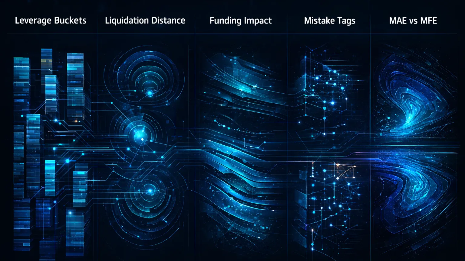 Weekly review board separating futures trades by leverage, liquidation proximity, funding, mistakes, and MAE MFE patterns