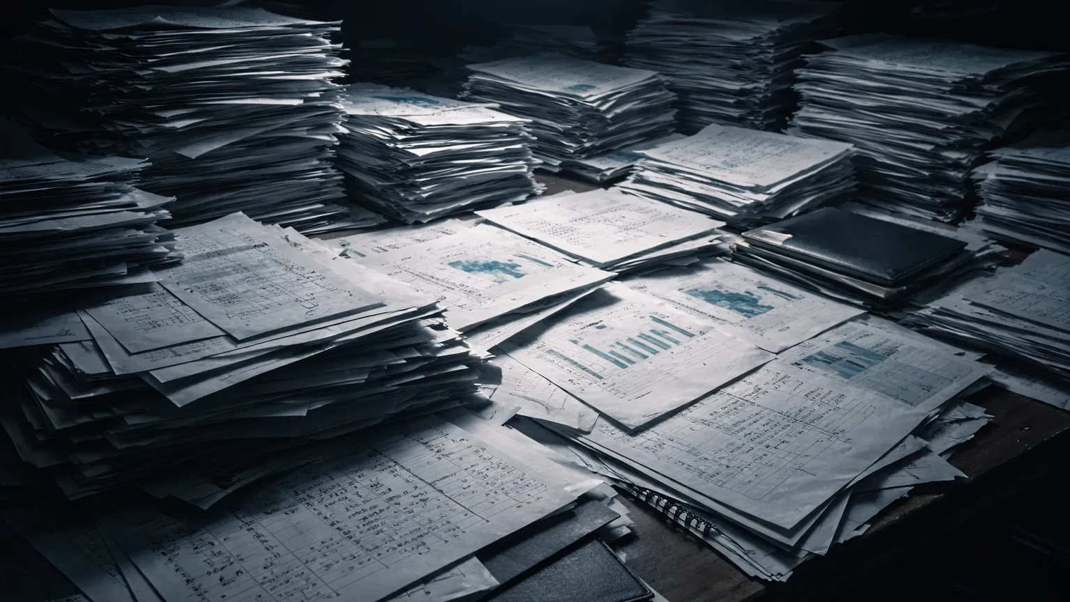 Heavy cluttered analytical workspace symbolizing structural overload and friction in journaling systems