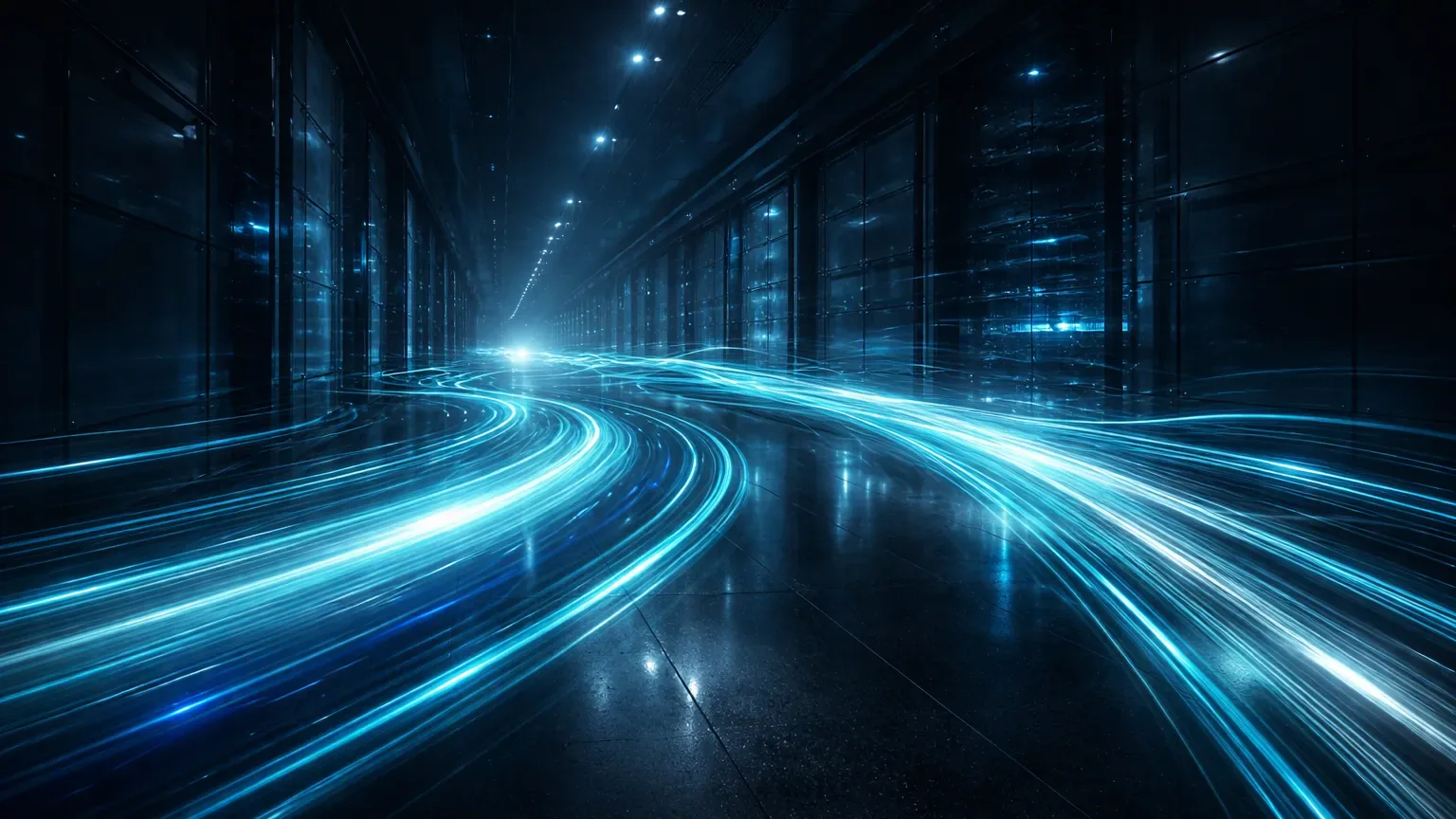 Flowing digital infrastructure environment symbolizing automated trading data moving silently in the background