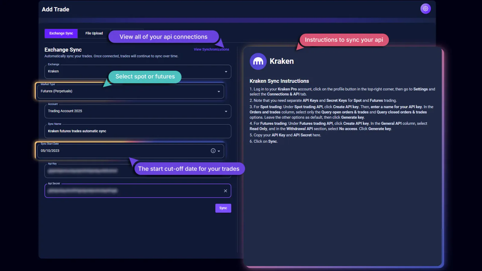 TradeChainly automatic sync exchange connection form with market type and sync start date