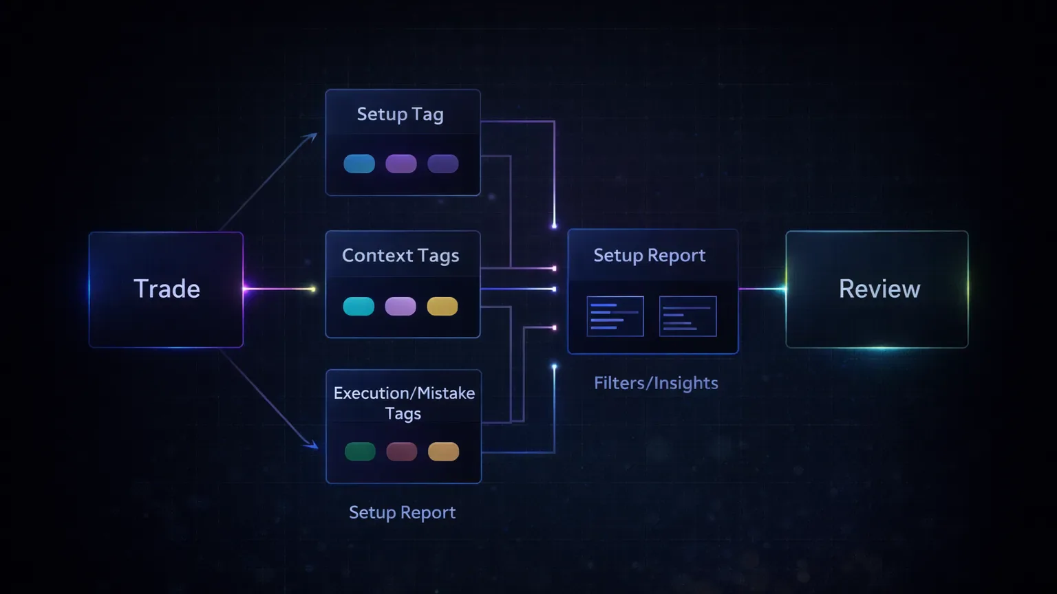 Workflow showing clean trading journal structure with separate setup tags, context tags, and mistake tags