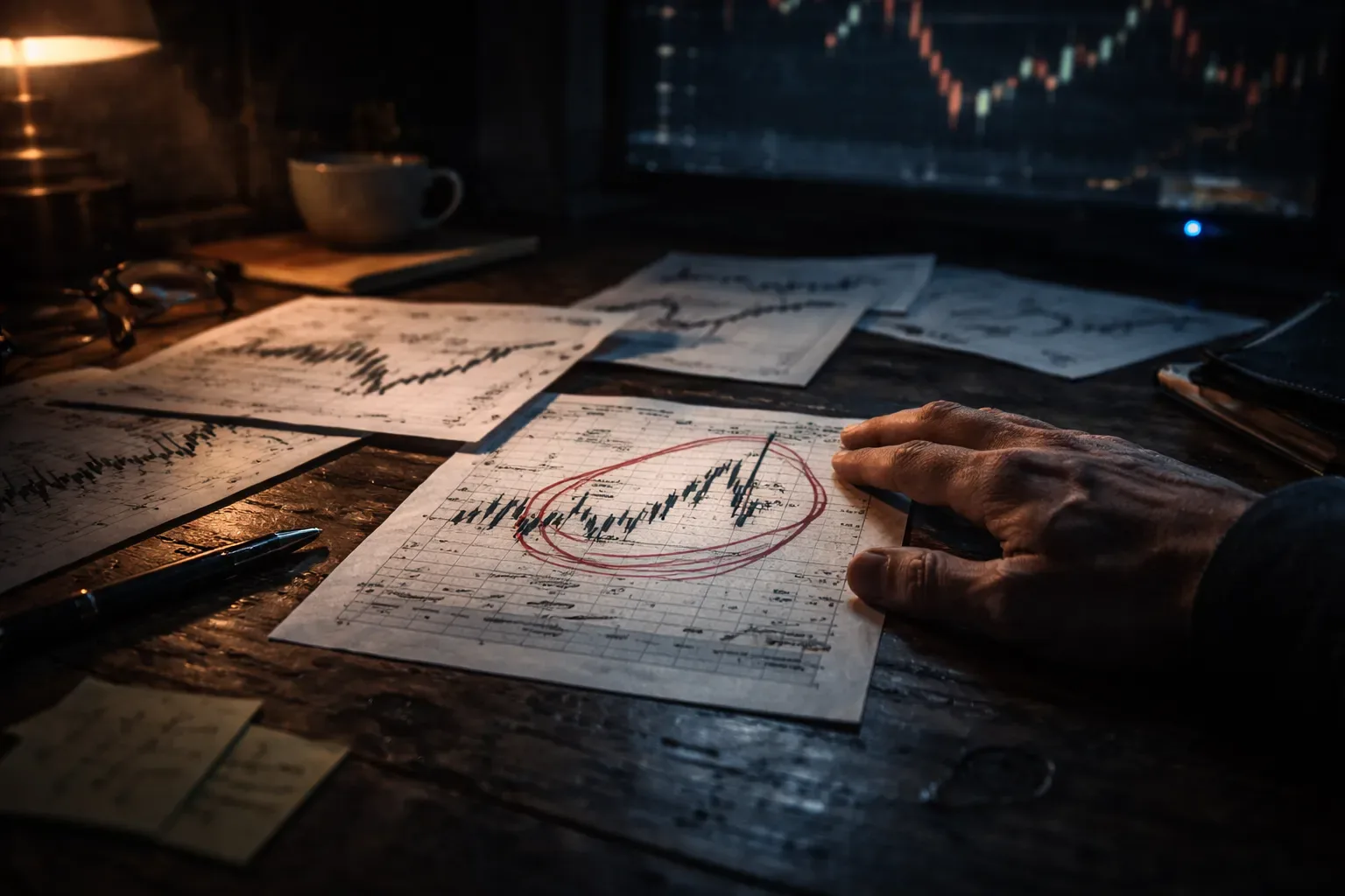 Dim trading desk with scattered marked-up charts, conveying the weight of realizing a favorite setup is flawed