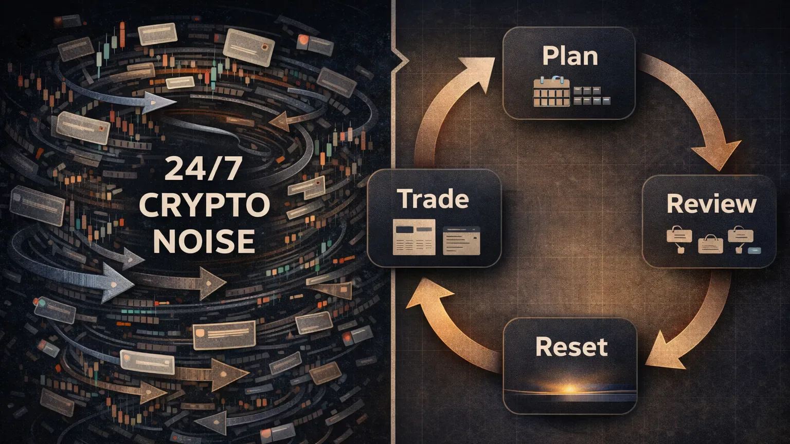 Conceptual diagram of a trader’s week shifting from reactive decisions to a structured weekly cycle