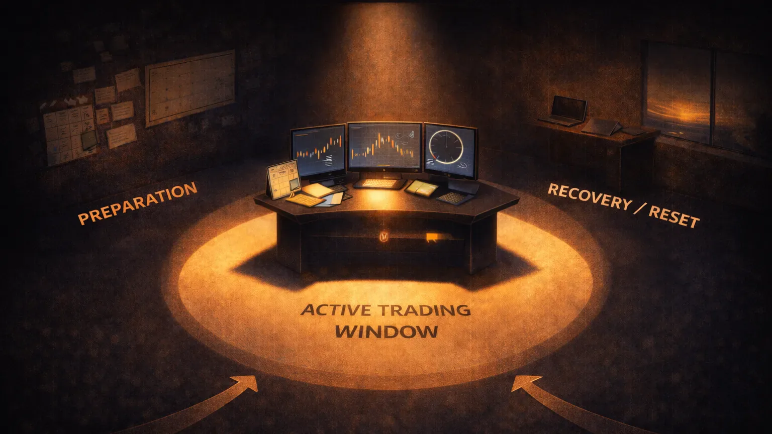 Trading window concept illustration showing a spotlight stage labeled “Active Trading Window” surrounded by preparation and recovery zones