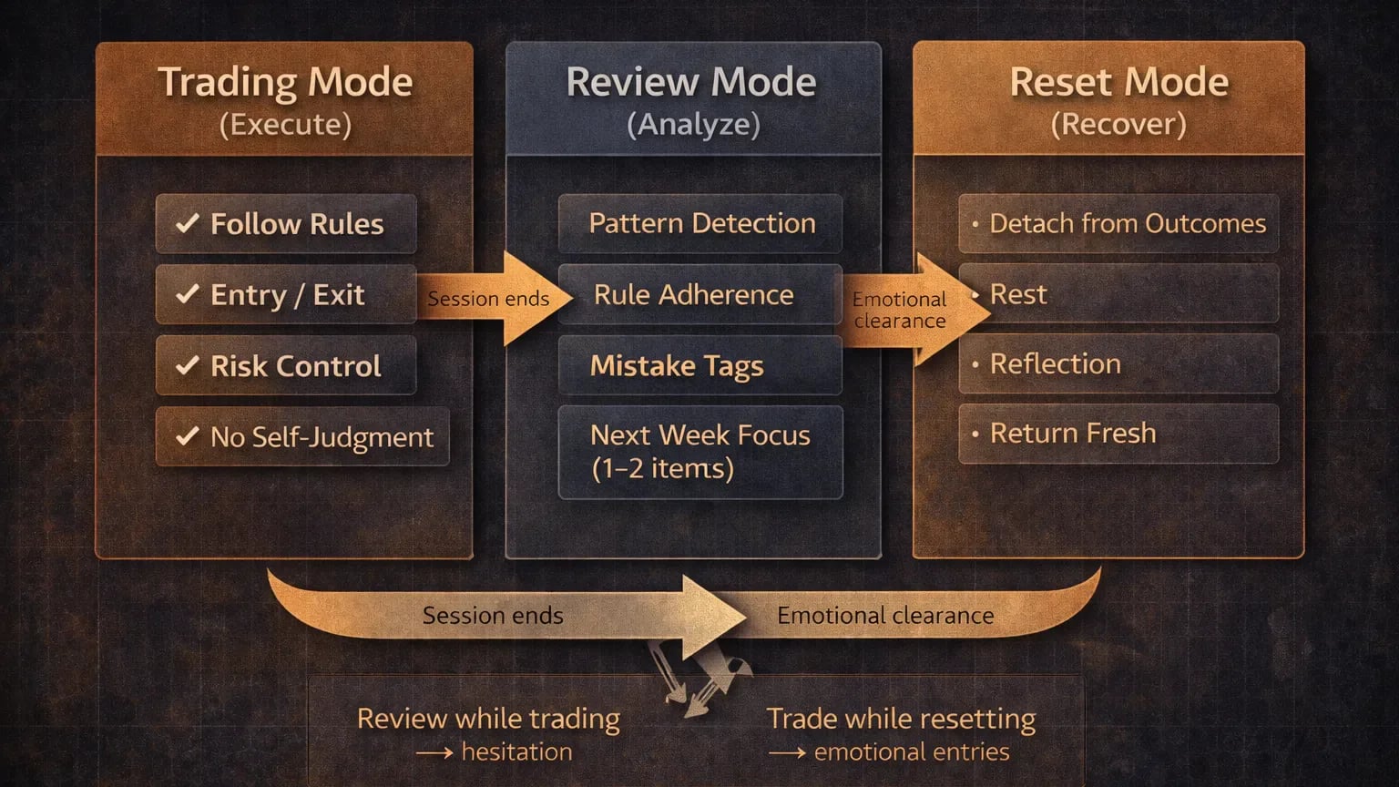 Three-phase trading week workflow diagram separating trading mode, review mode, and reset mode
