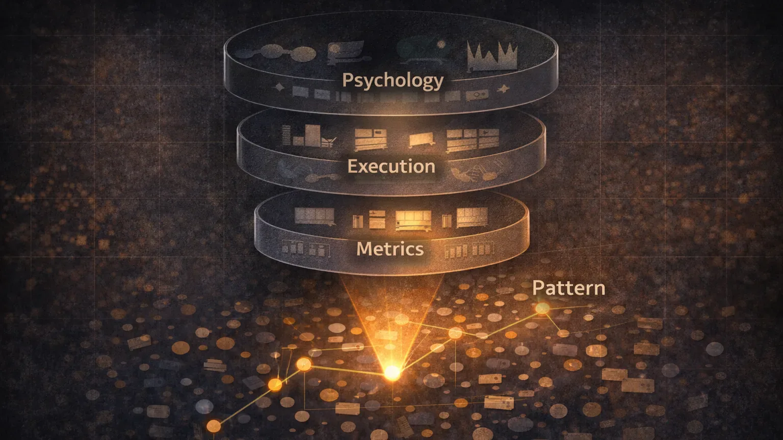 Pattern-detection visual showing weekly review layers: metrics, execution quality, and psychology