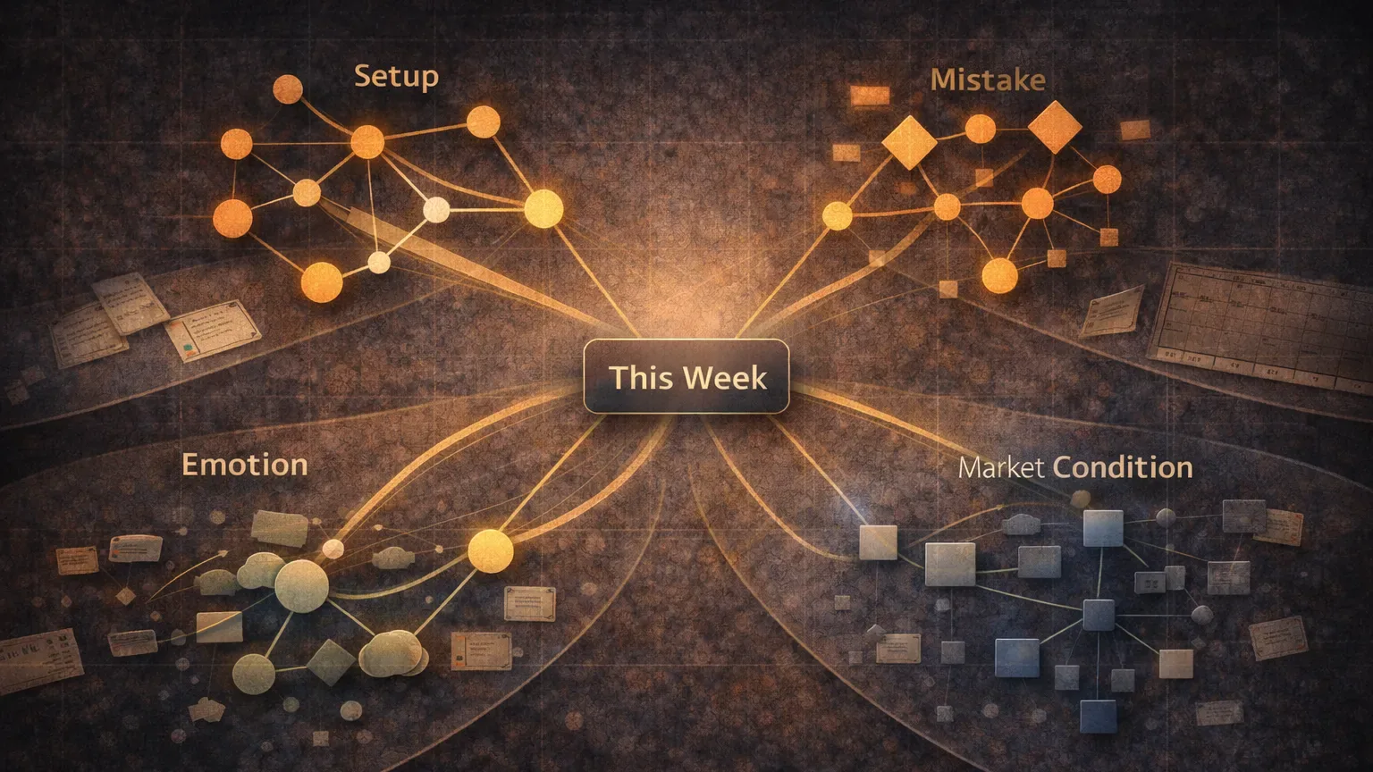 Network diagram of trade tags connecting setups, mistakes, emotions, and market conditions across a week