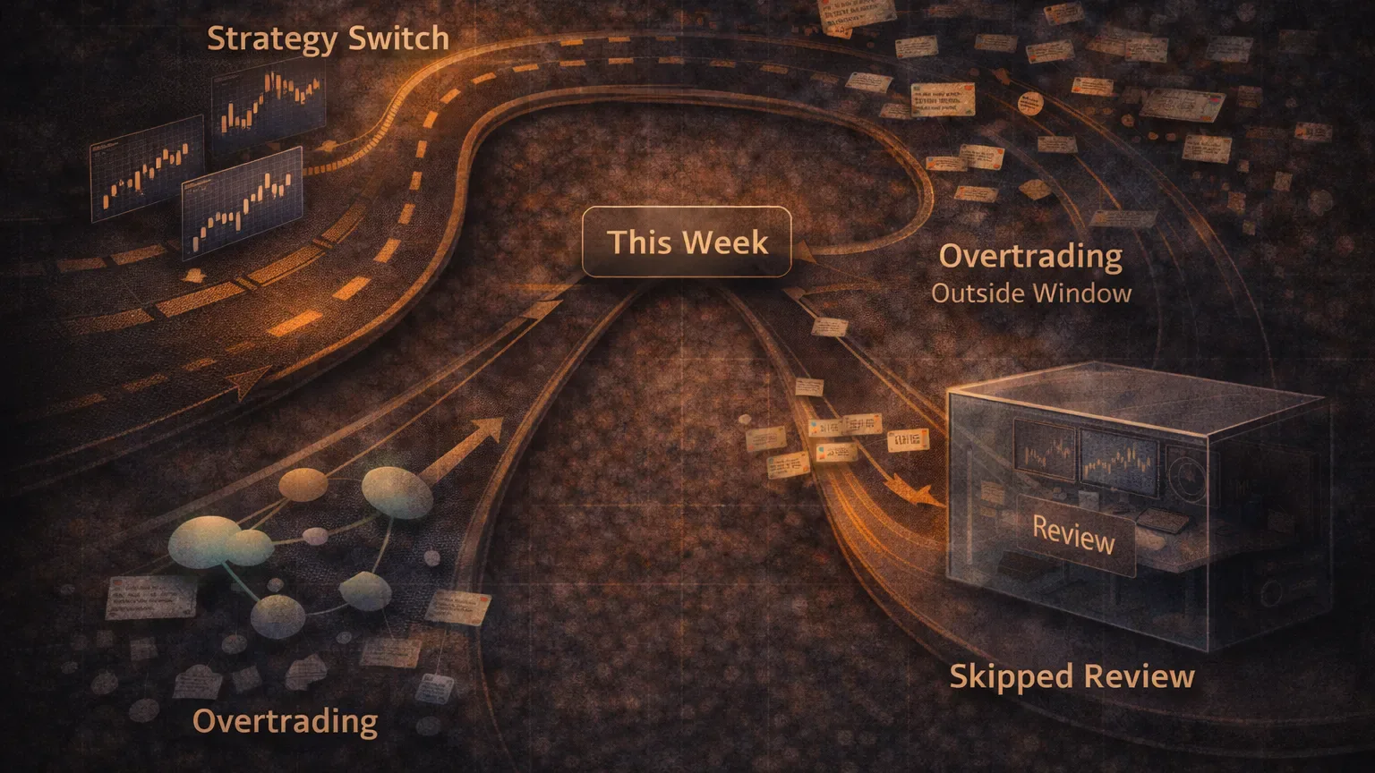 Conceptual illustration of common consistency breakers: mid-week strategy switching, overtrading, and skipping review