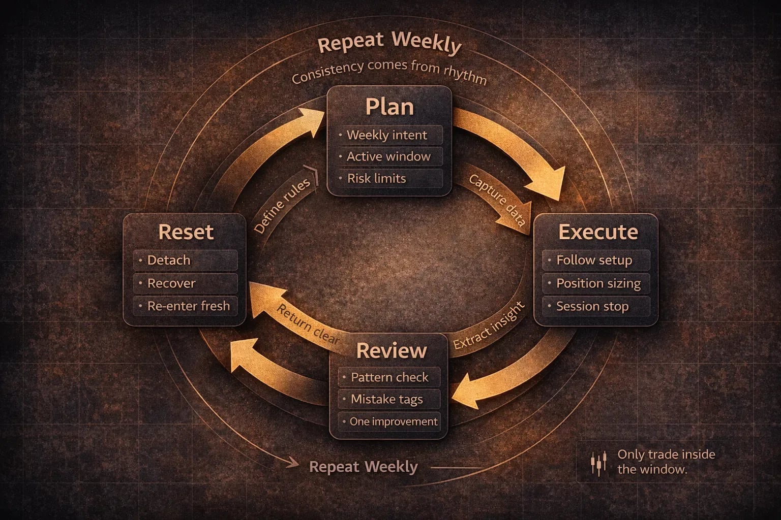 Closed-loop weekly trading cycle diagram showing execution, analysis, refinement, and repetition for consistency