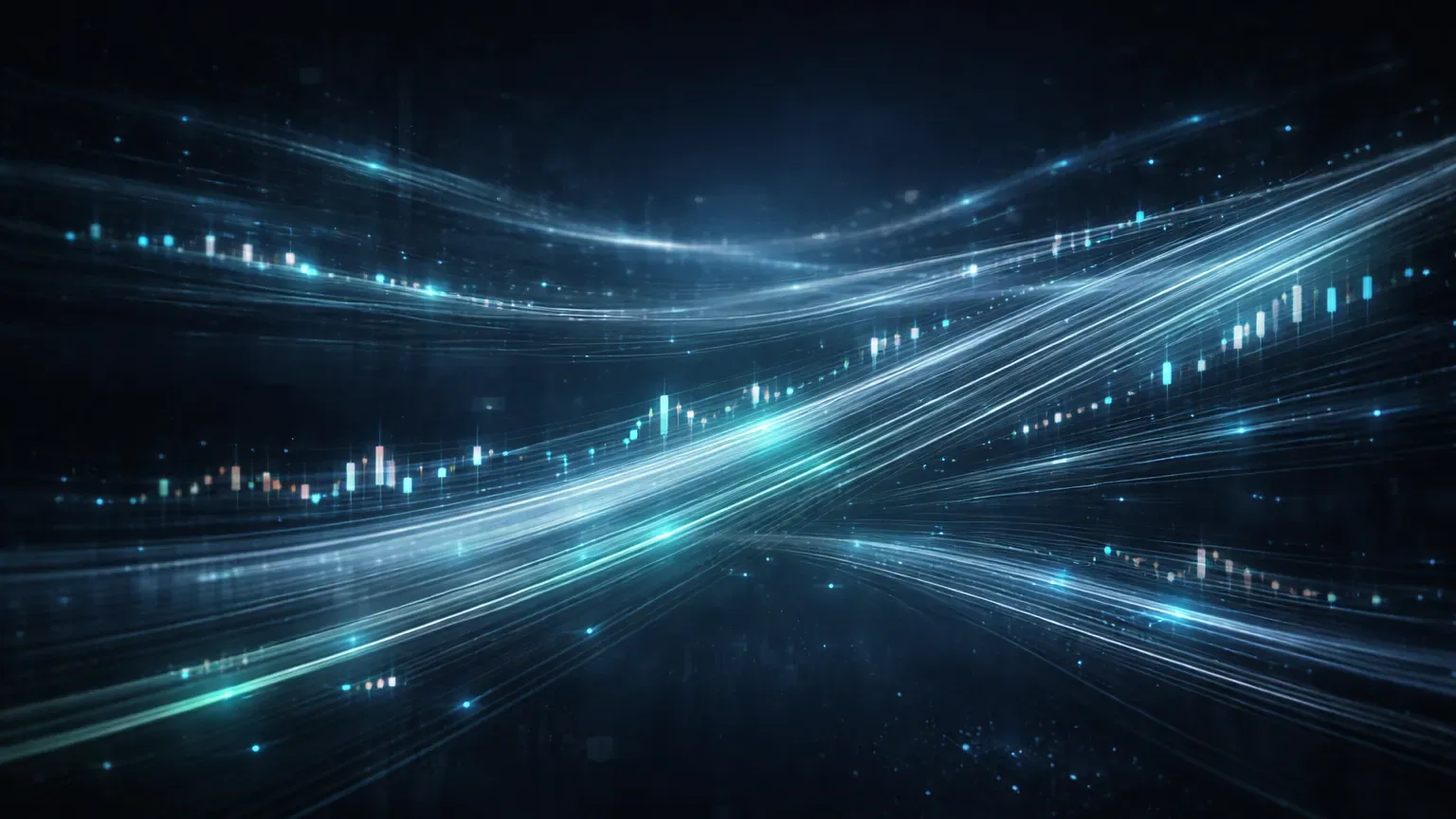 Calm flowing streams of structured trading signals moving through a quiet digital environment representing effortless review and reflection
