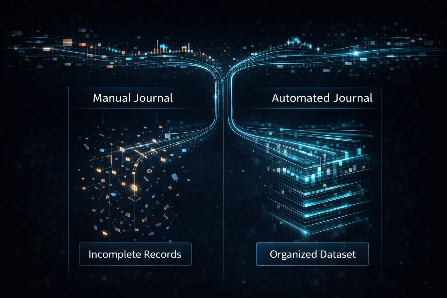 Diagram comparing manual and automated crypto trading journal systems under increasing trade volume