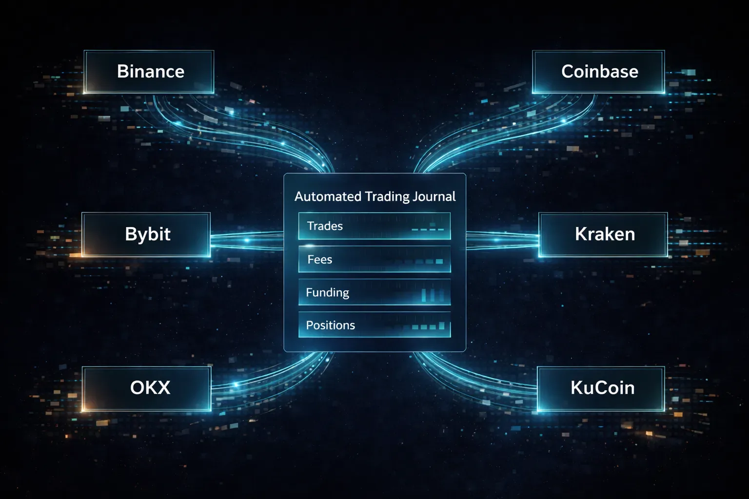 Diagram showing multiple crypto exchanges feeding trades into one automated trading journal system