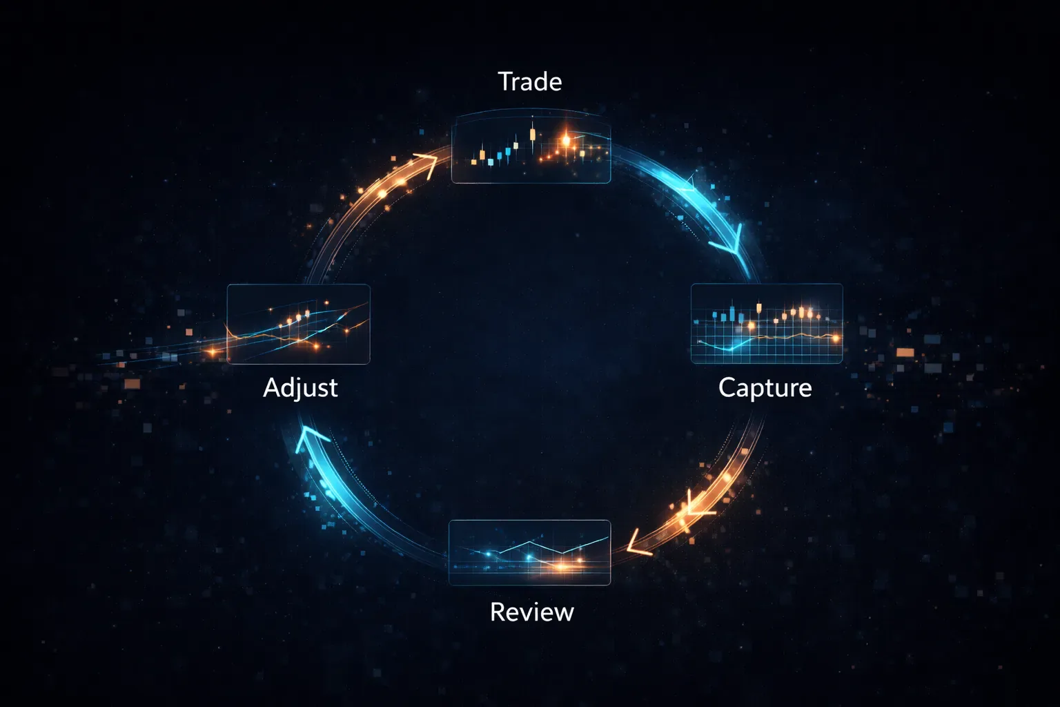Circular improvement loop showing trade, review, adjust, and repeat in an automated crypto journal workflow