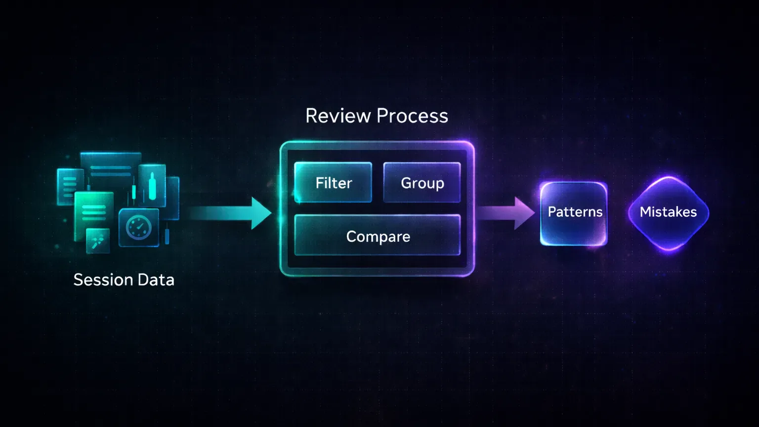 Diagram showing a trading session transformed into actionable feedback through a structured review process
