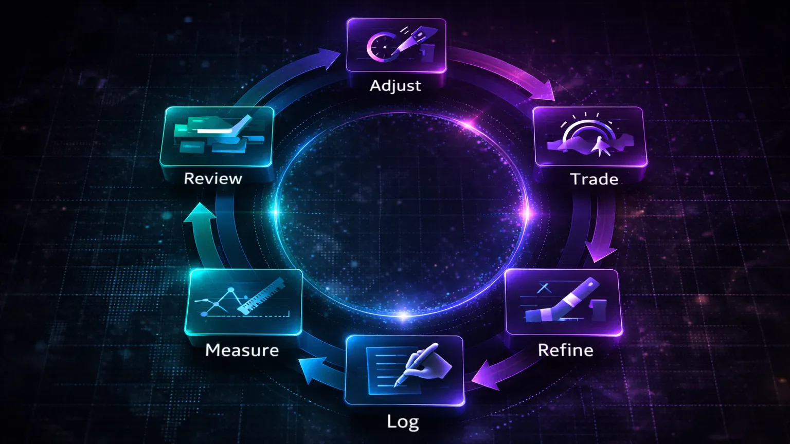 Feedback loop visual showing review, adjustment, trading, measurement, and refinement compounding over time