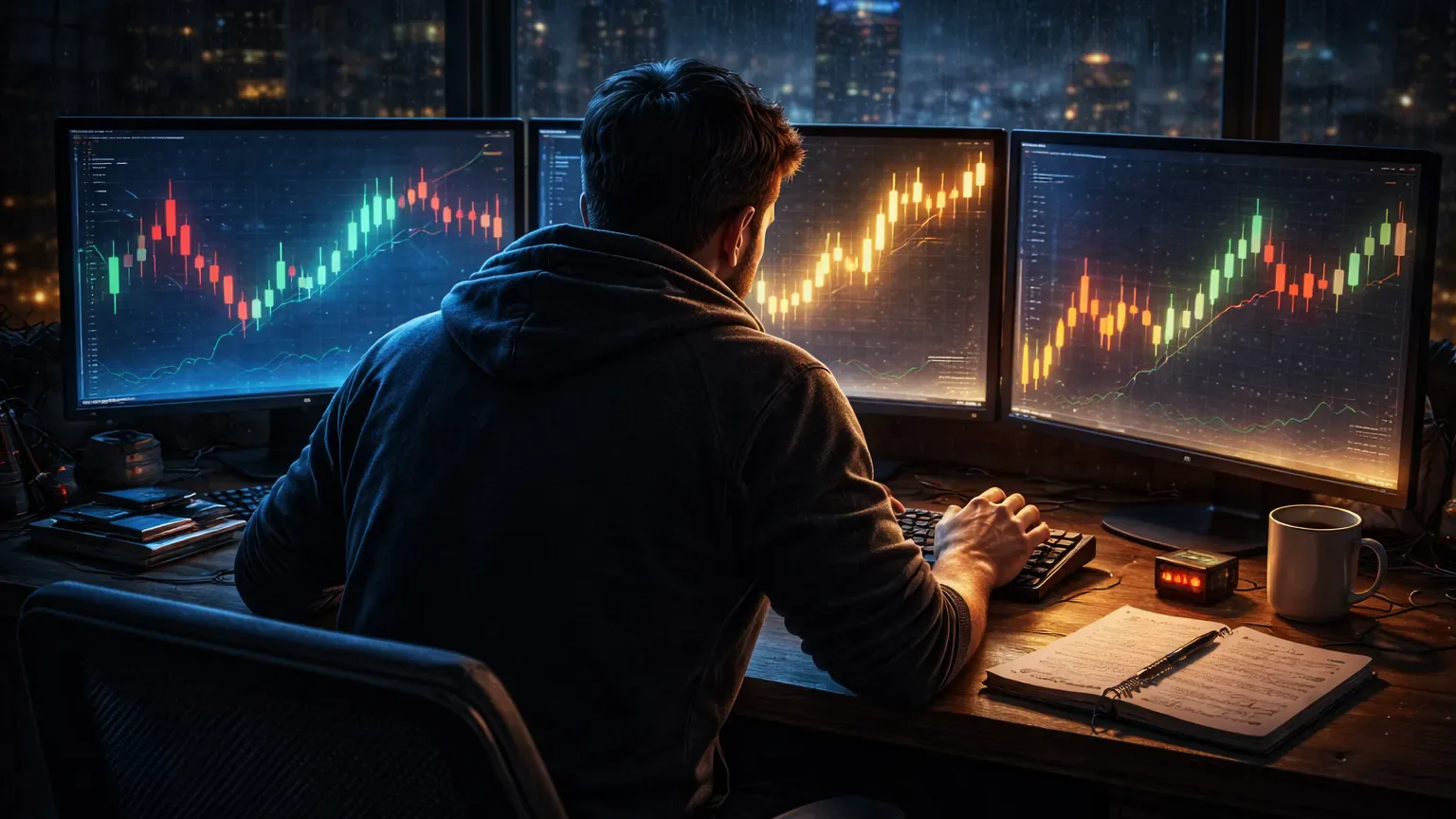 Atmospheric scene of a crypto day trader returning after losses, hesitating and trading scared