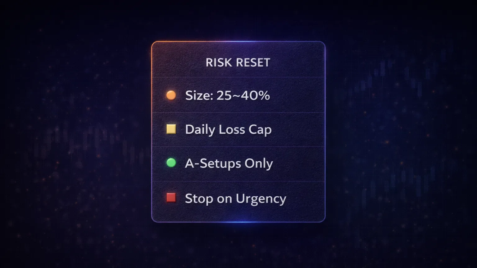 Conceptual risk reset visual showing reduced size, daily loss cap, fewer trades, and focus on A-setups