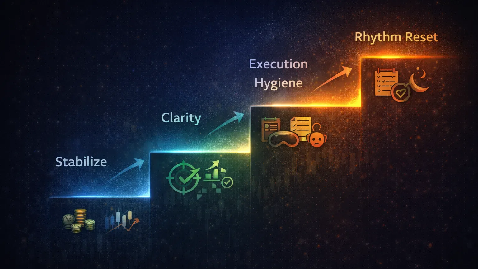 Four-step recovery framework showing stabilize, clarity, execution hygiene, and rhythm reset