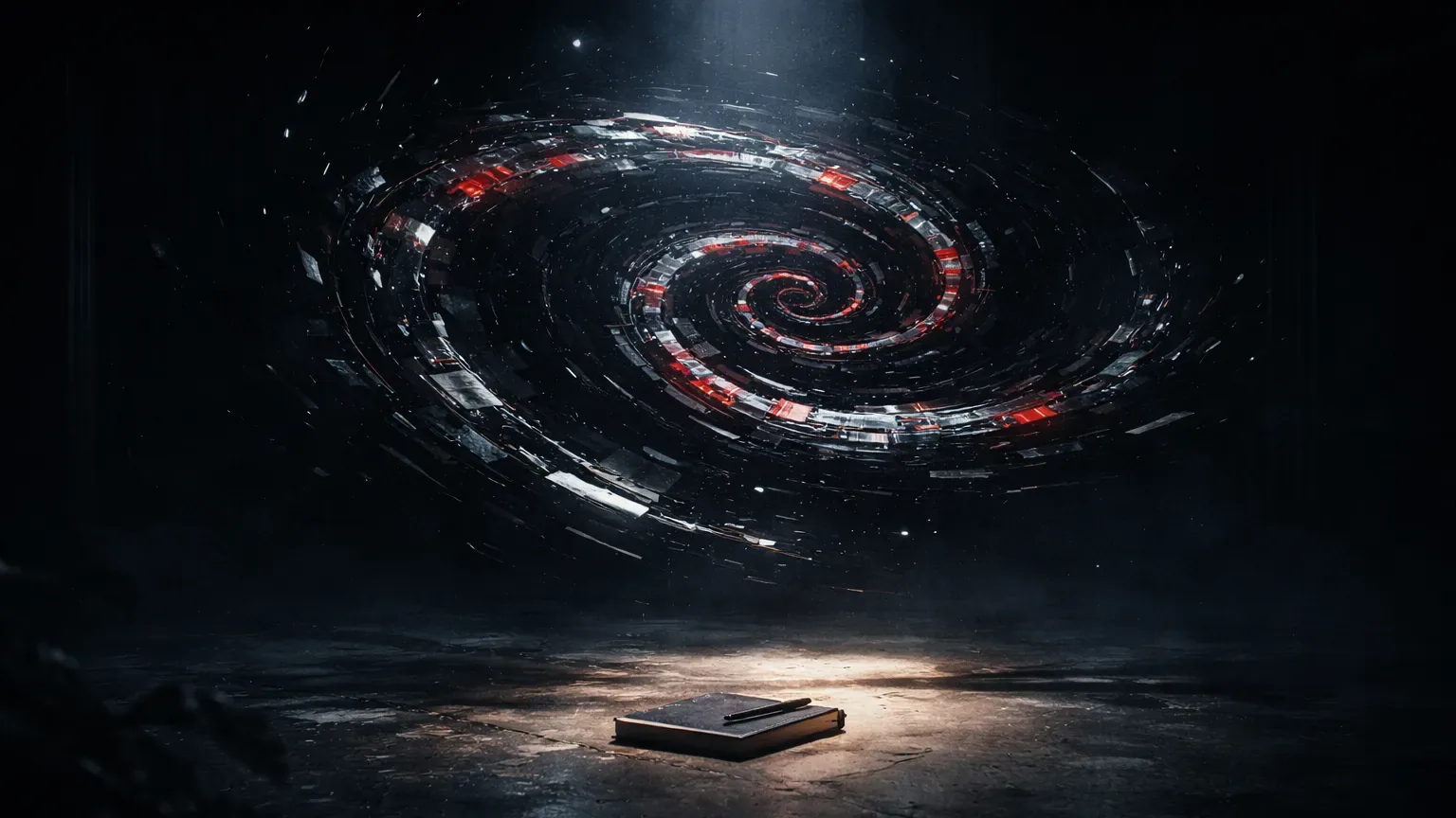 Atmospheric visual metaphor of revenge trading spiral after a crypto loss