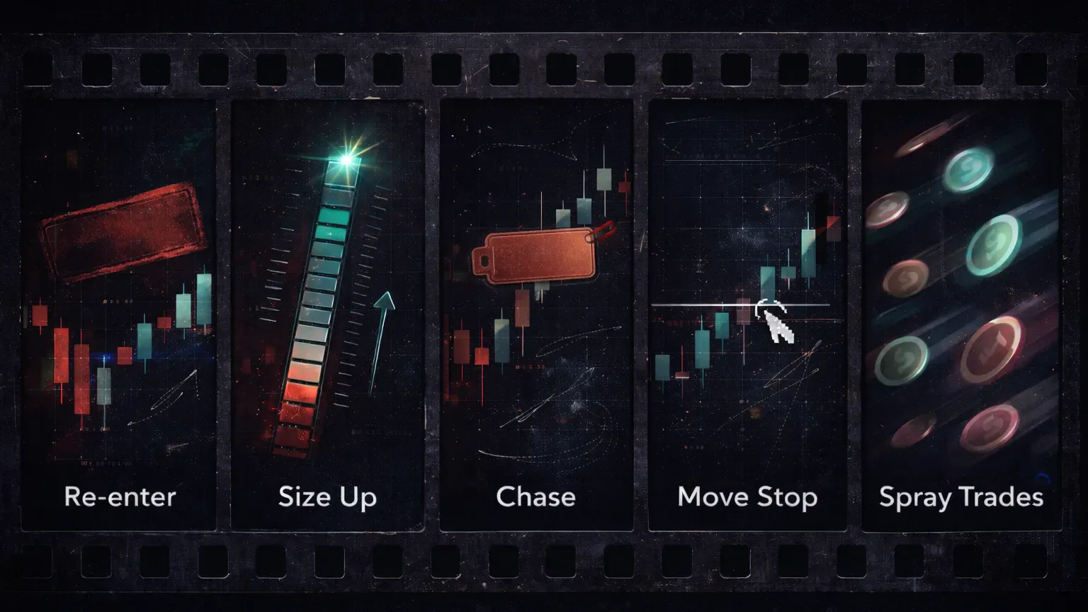 Behavioral storyboard of revenge trading actions after a stop-out in crypto