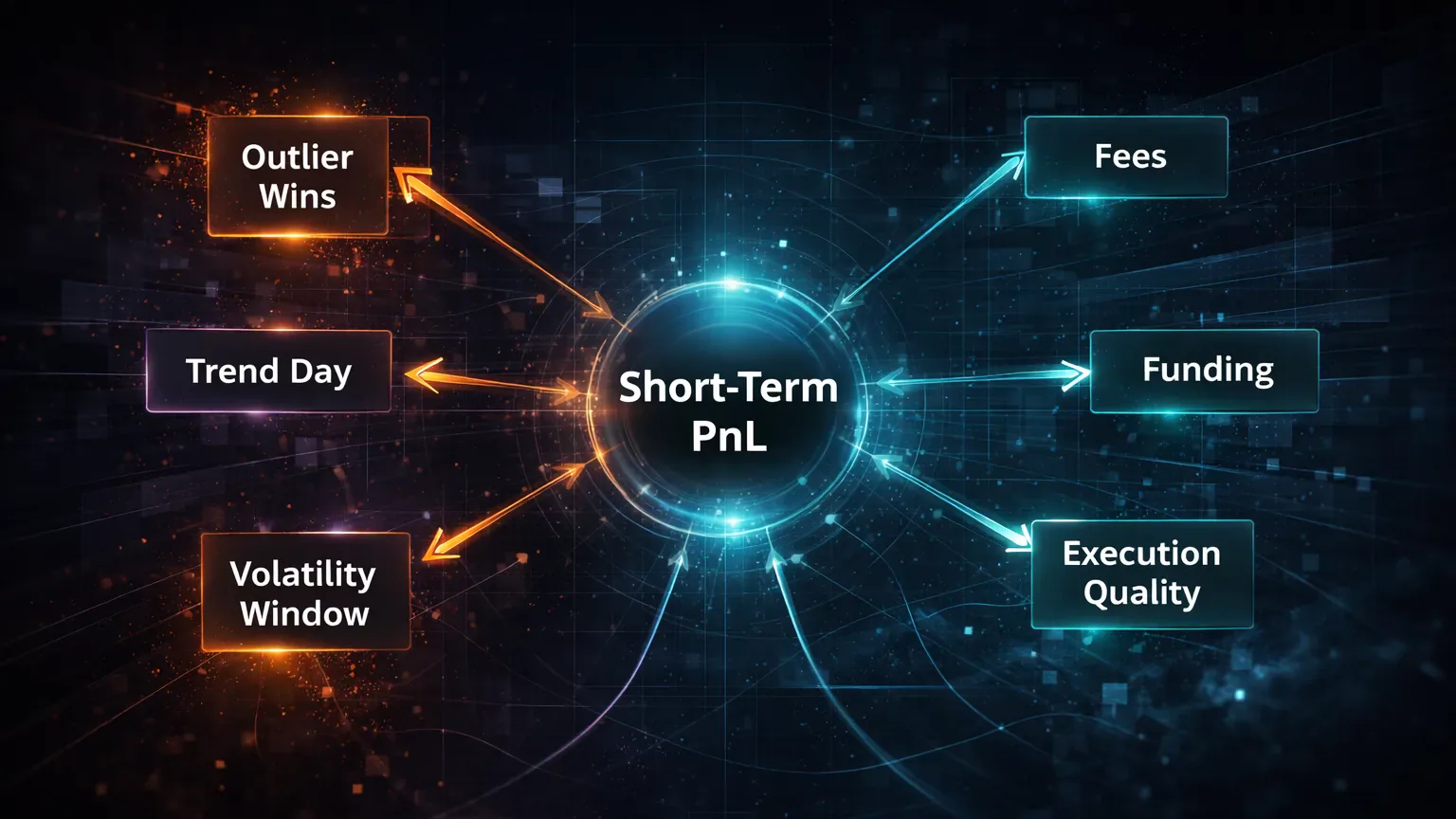 Diagram showing how short-term PnL can mislead traders by masking weak decision quality with a few outsized outcomes