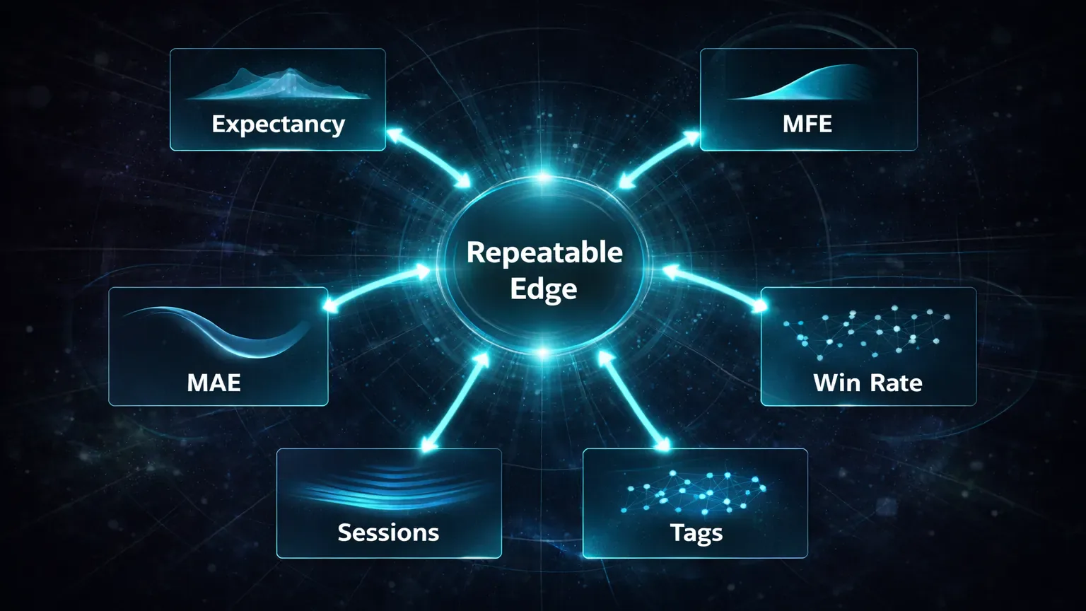 Multi-metric trading analysis diagram connecting expectancy MAE MFE session data and tags to repeatable edge