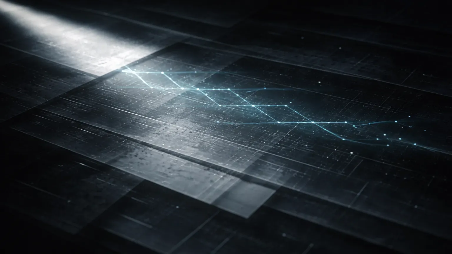 Atmospheric image of layered records gradually revealing a clear signal through repetition and disciplined review