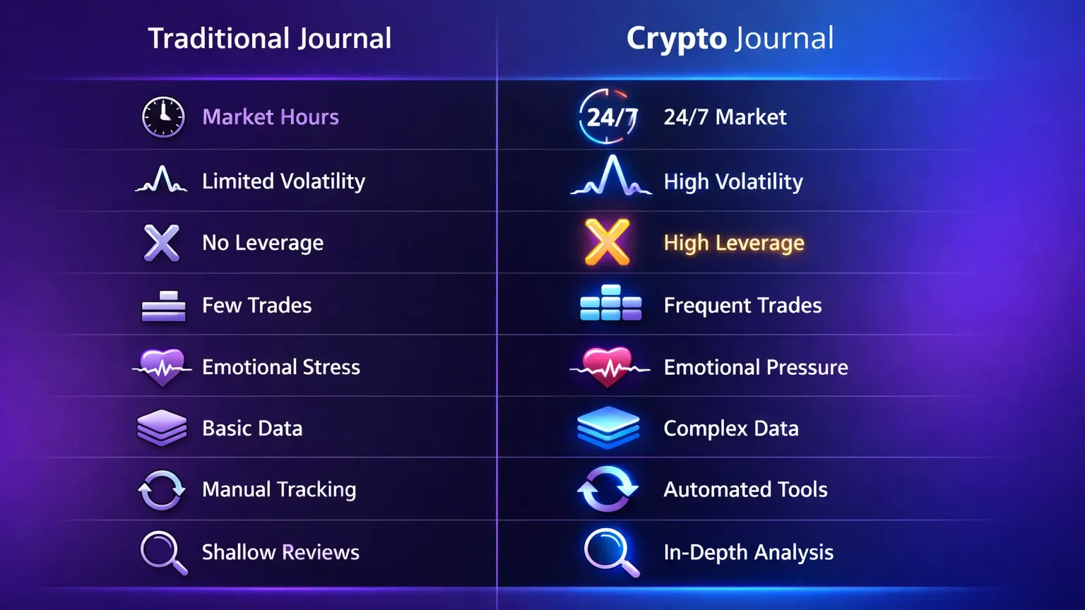 Traditional trading journal versus crypto trading journal differences table visual
