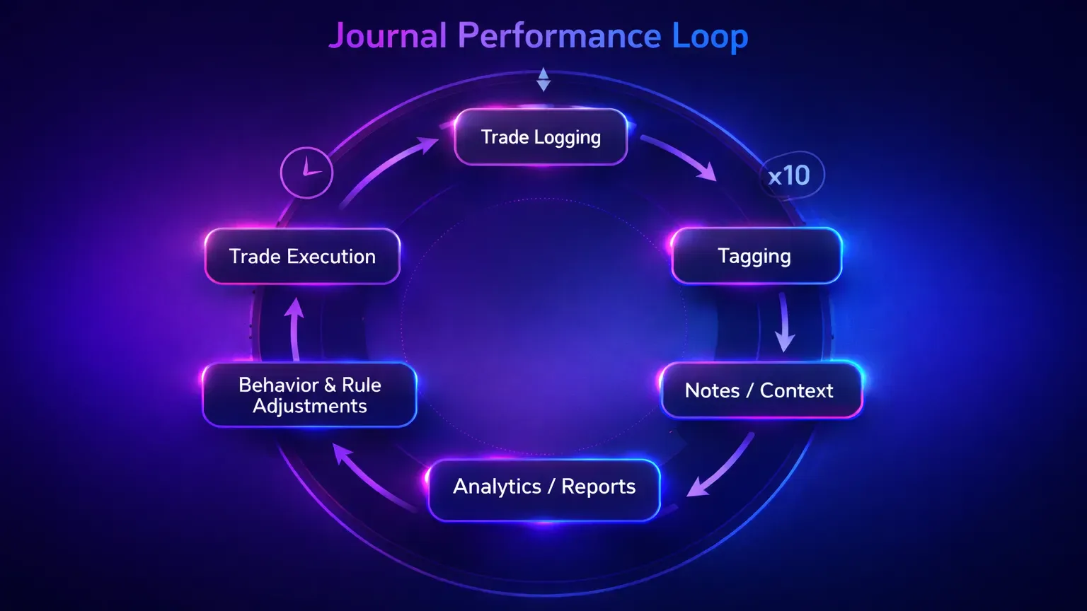 Crypto trading journal system loop: logging, tags, notes, reviews, analytics, automation