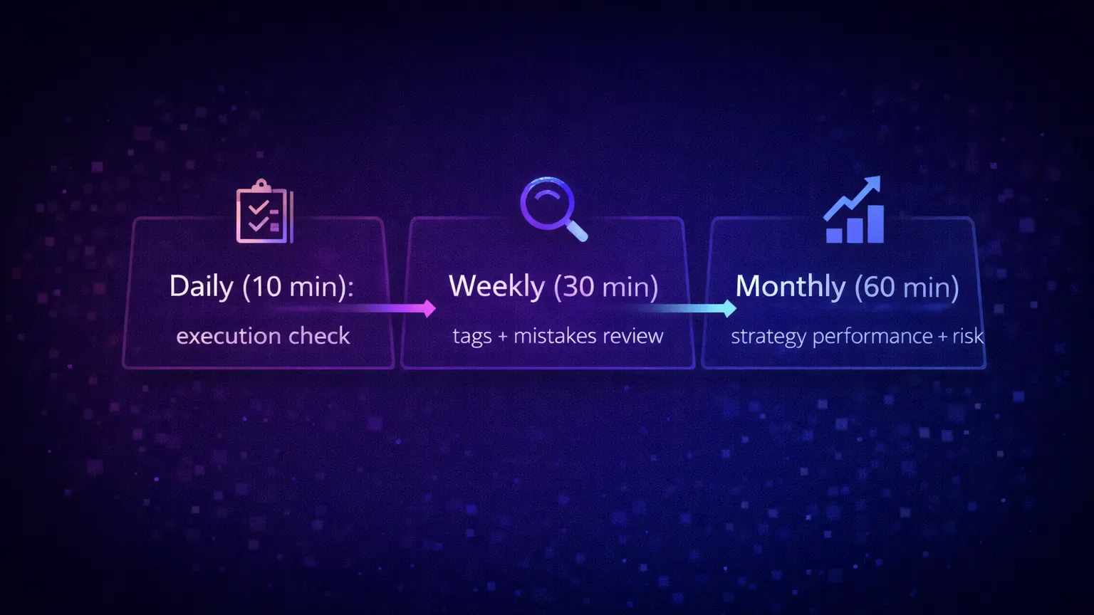 Professional trader review cadence: daily, weekly, monthly journaling rhythm