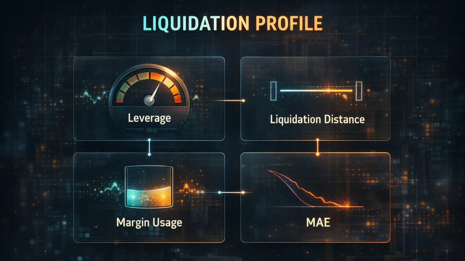 Diagram showing key liquidation data fields: leverage, liquidation distance, margin usage, and MAE