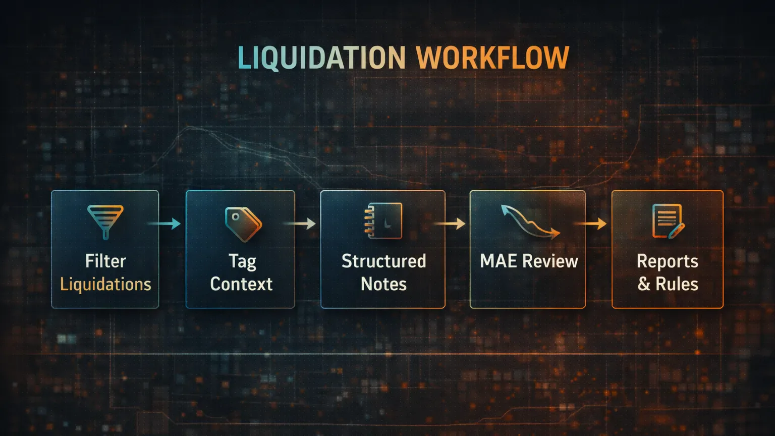 Workflow diagram for liquidation review: filter, tag context, notes, MAE comparison, reports