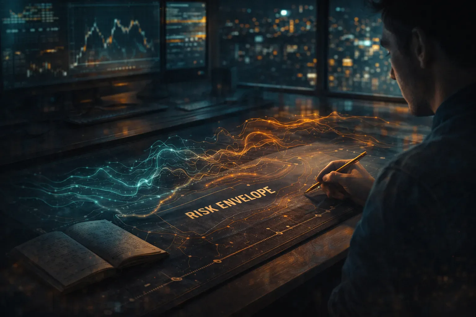 Atmospheric image of a trader treating liquidation as measurable risk rather than fear