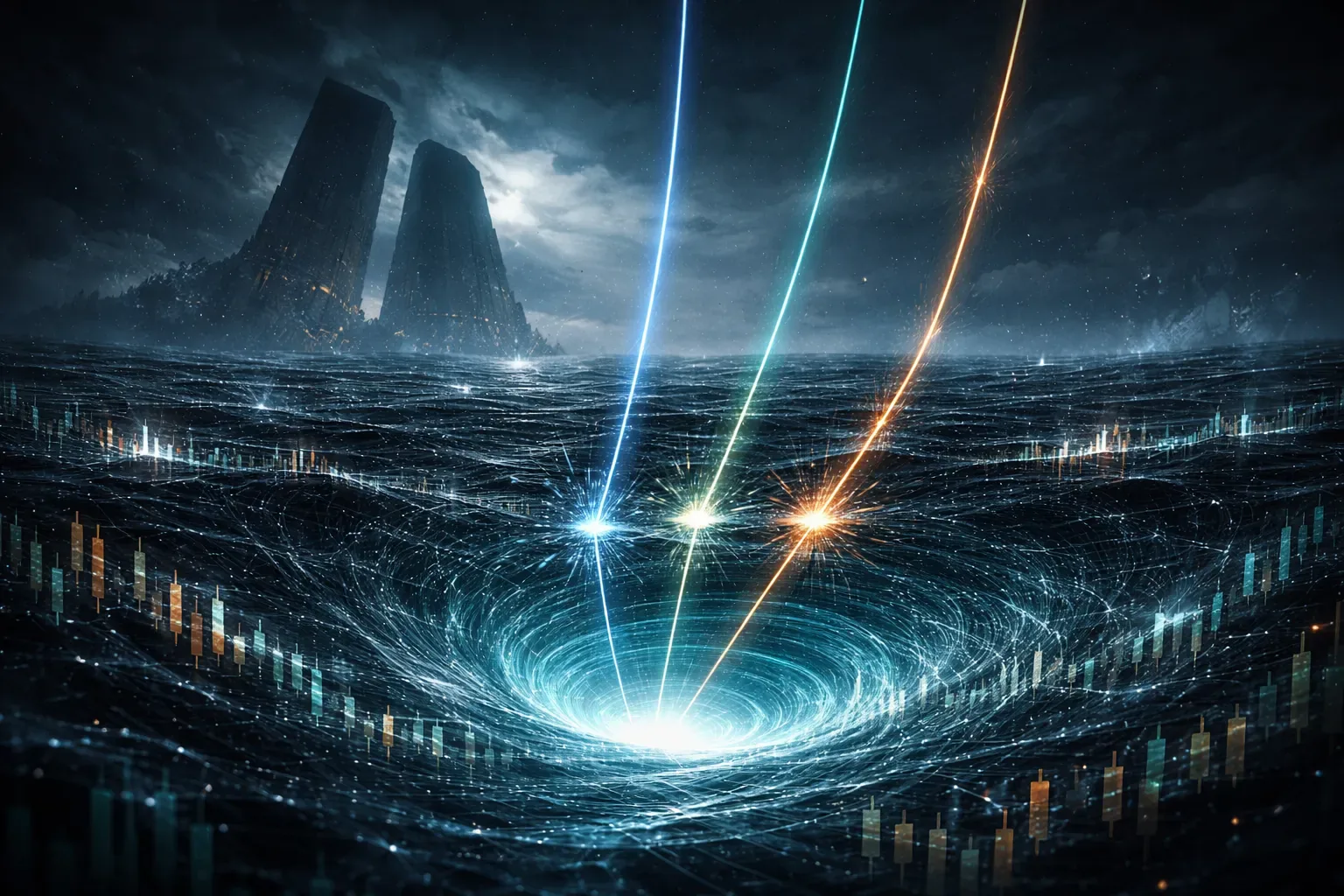 Cinematic illustration of a cross-margin liquidation cascade triggered by correlated drawdowns.