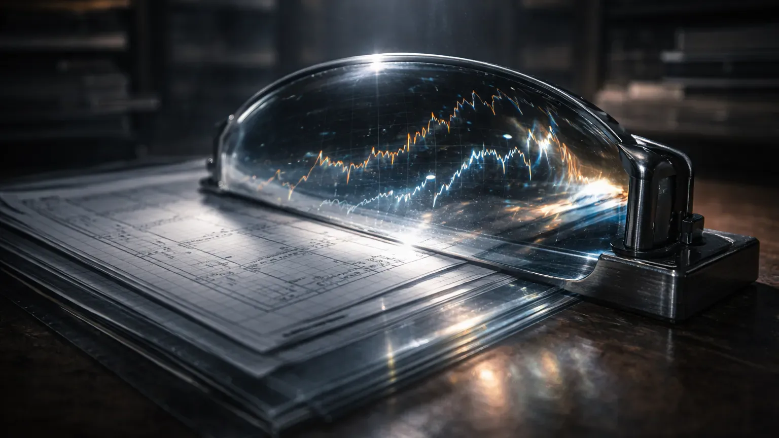 Atmospheric visualization of distorted trading performance metrics caused by mixing cross and isolated margin data, with no text.