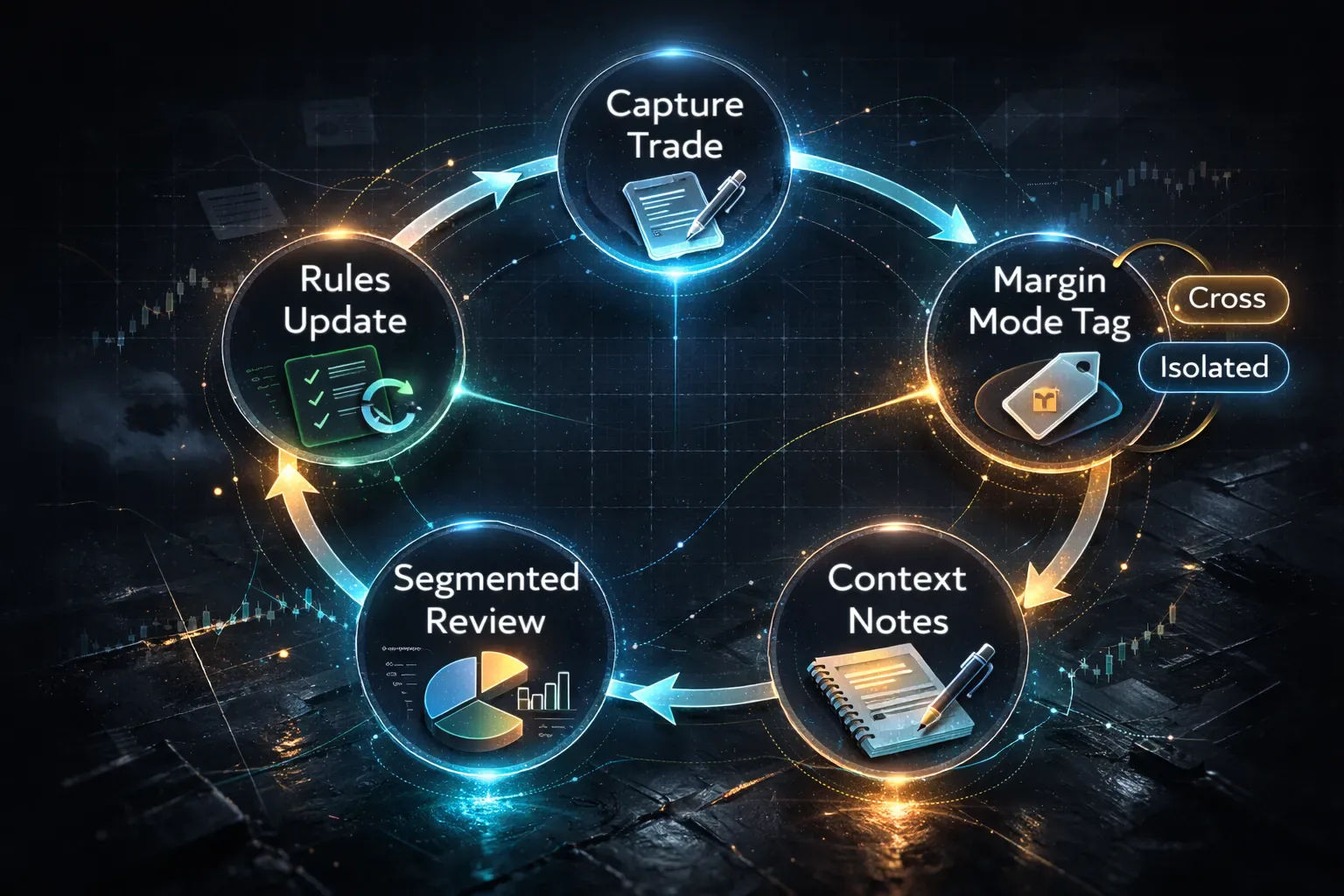Workflow diagram for journaling cross vs isolated margin using tags, notes, and segmented reviews.