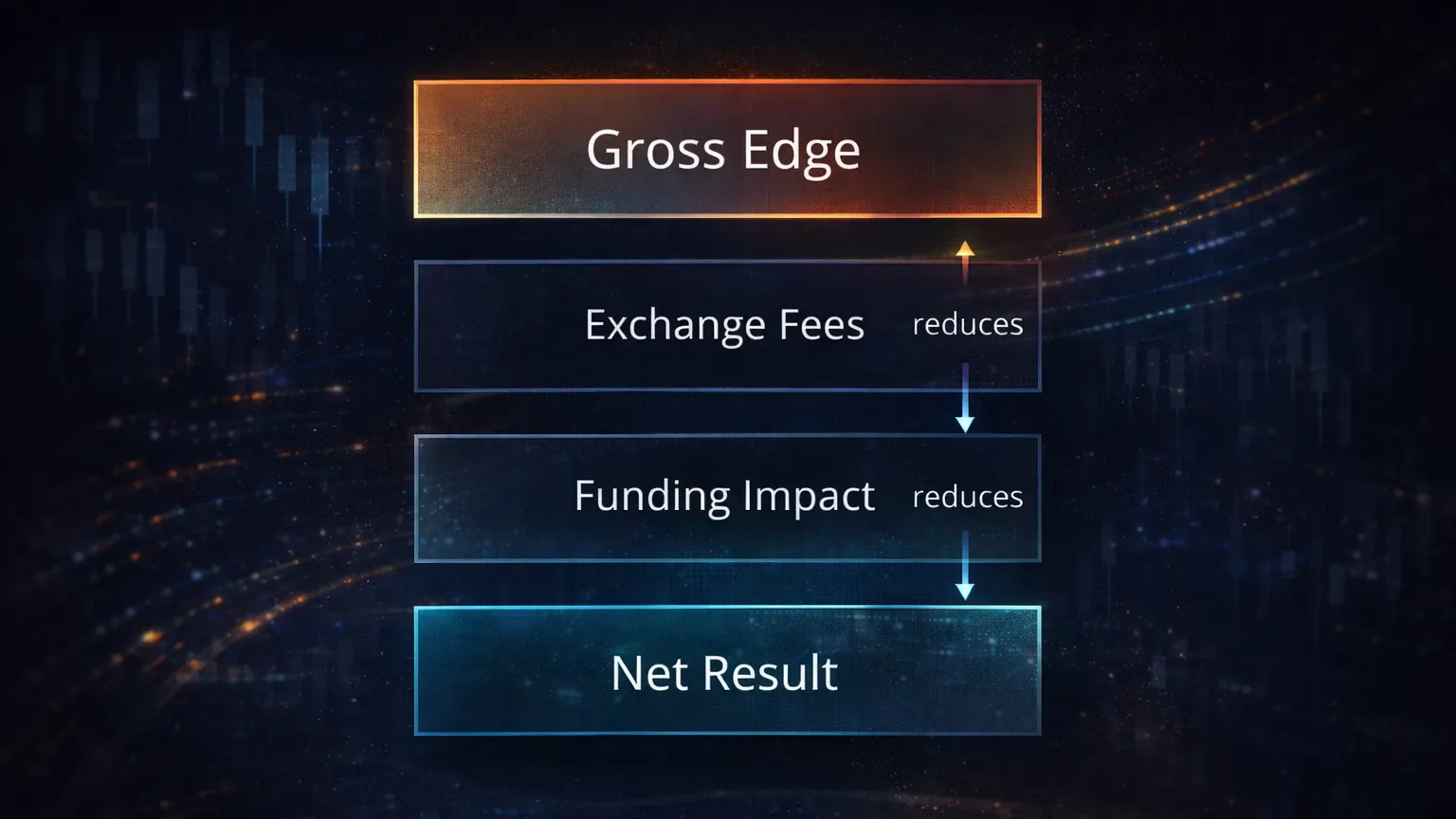 Labeled performance breakdown diagram showing gross edge reduced by fees and funding into net result
