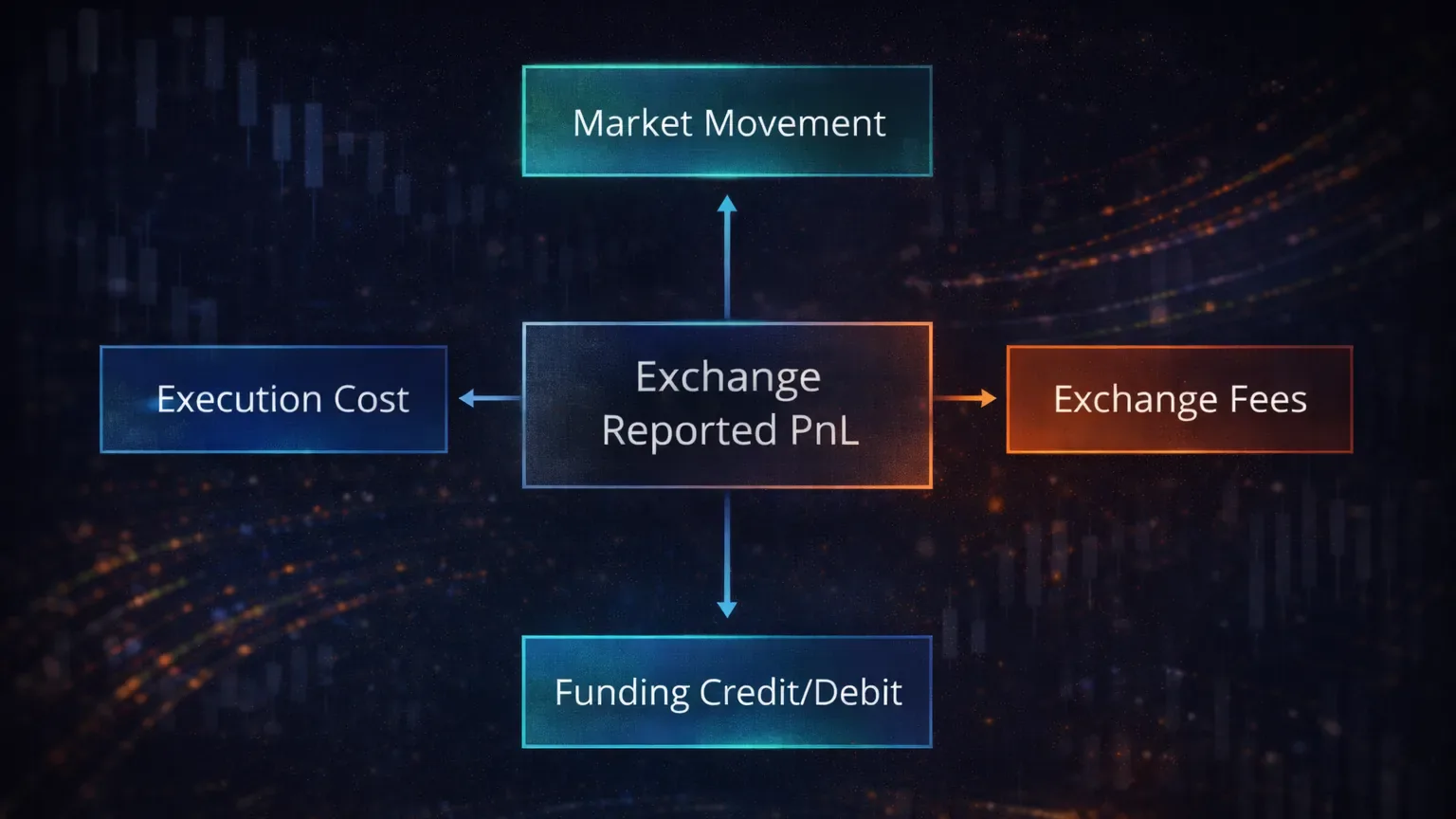 Exploded trade PnL diagram breaking net result into market movement, funding, fees, and execution cost