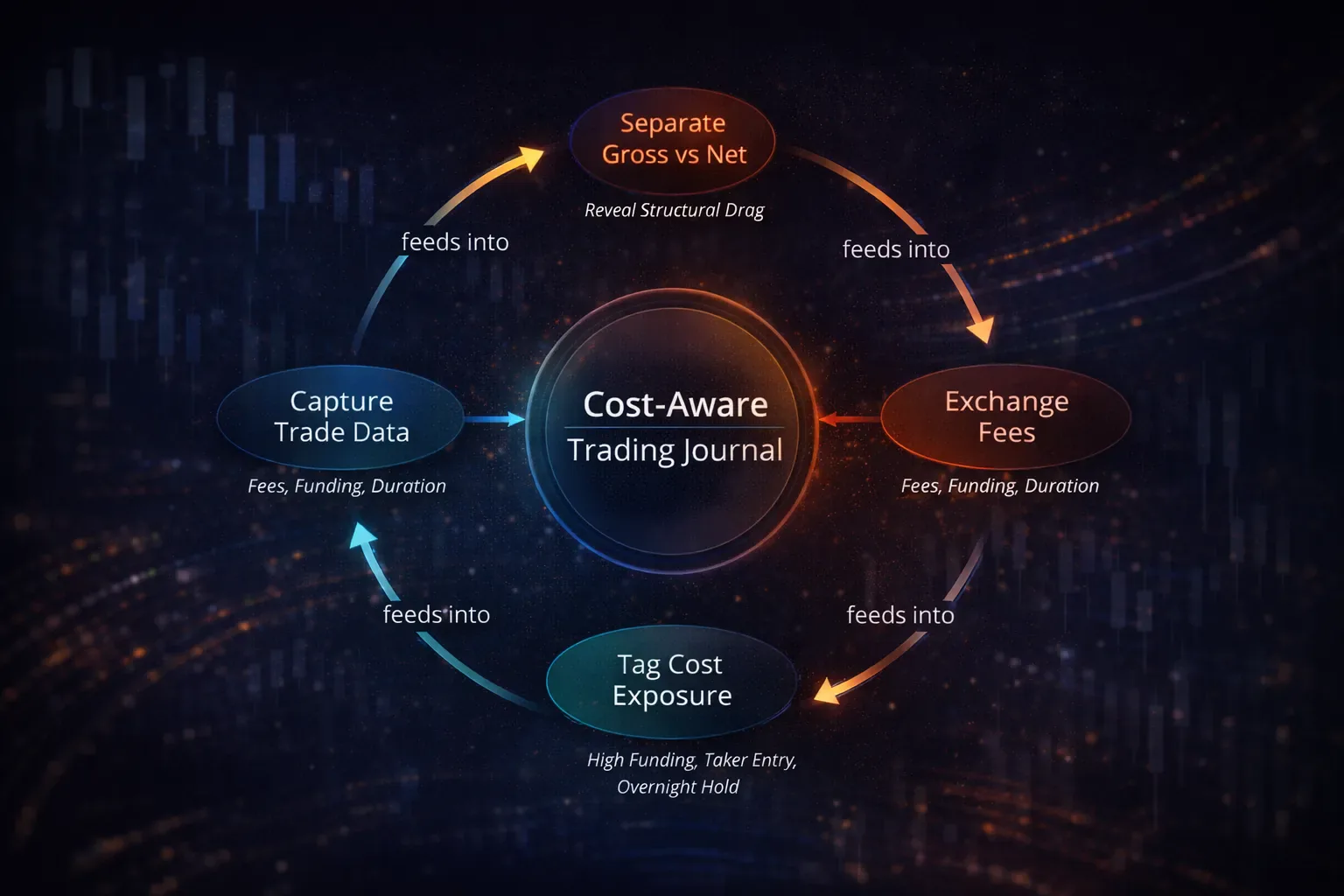 Four-stage trading journal diagnostic workflow diagram showing capture, separate, tag, and review cycle