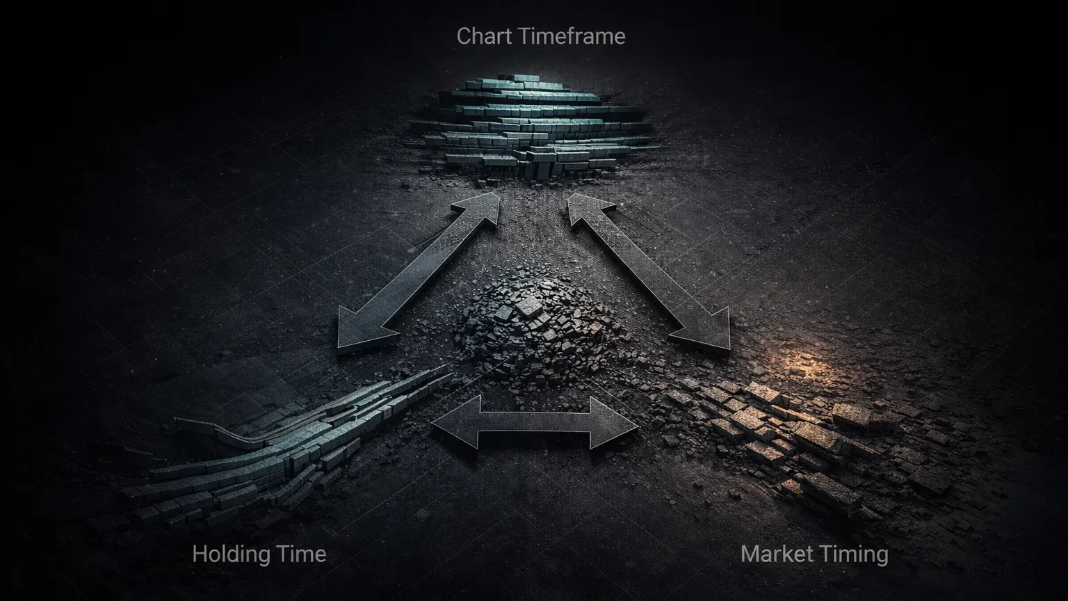 Diagram illustrating the three dimensions of timeframe performance in crypto trading: chart timeframe, holding time, and market timing