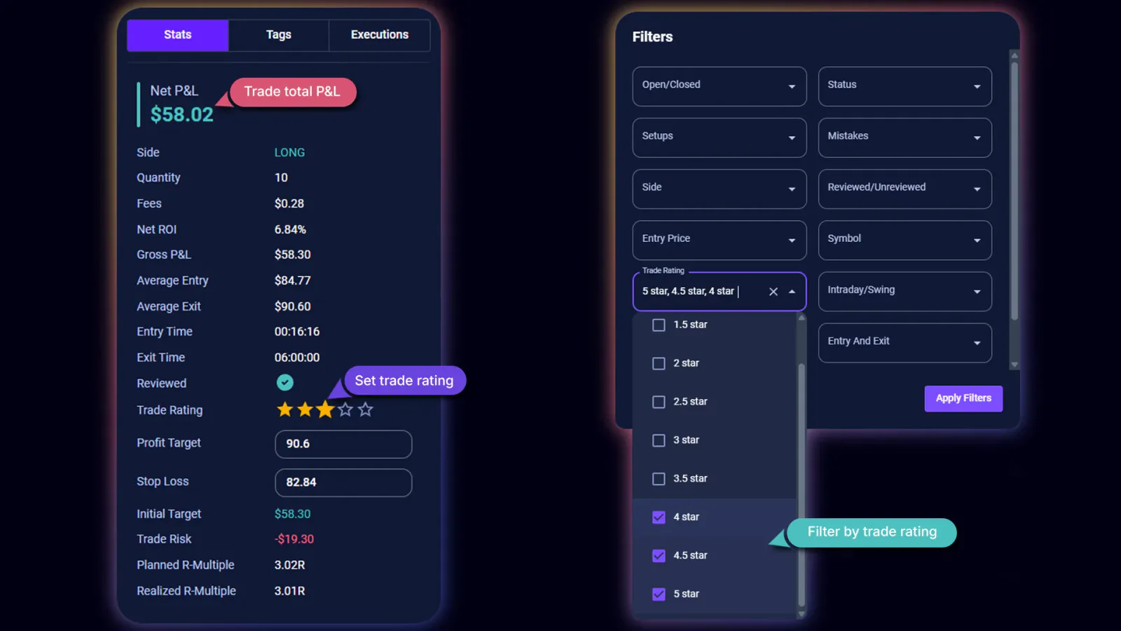 TradeChainly trade rating selector showing 0 to 5 options