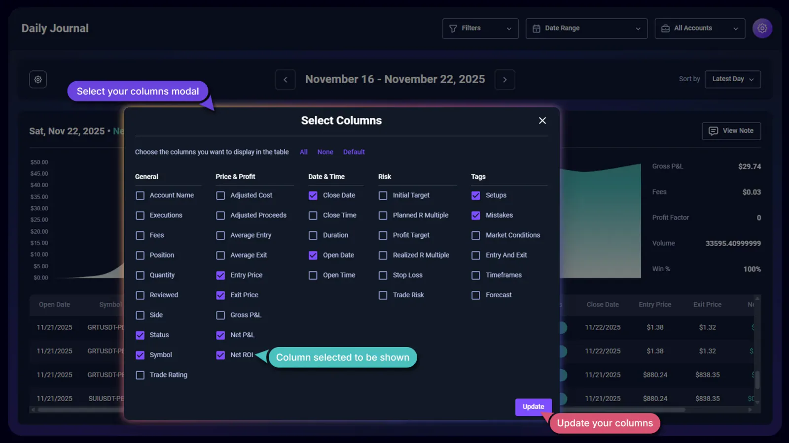 TradeChainly Daily Journal trade table column customization for reviewing the details you care about