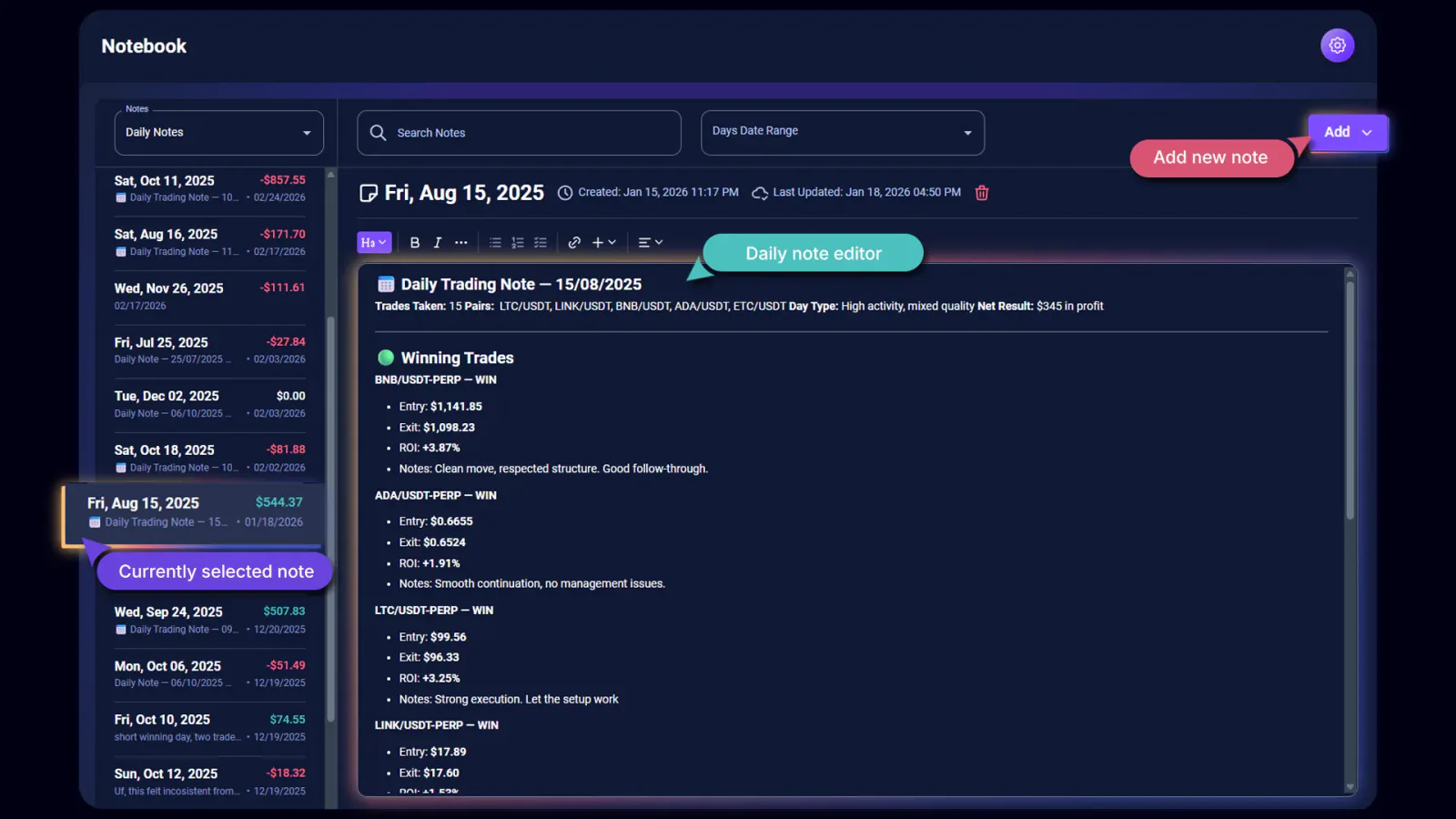 TradeChainly Notebook daily notes list showing past journal entries and searchable reflections over time