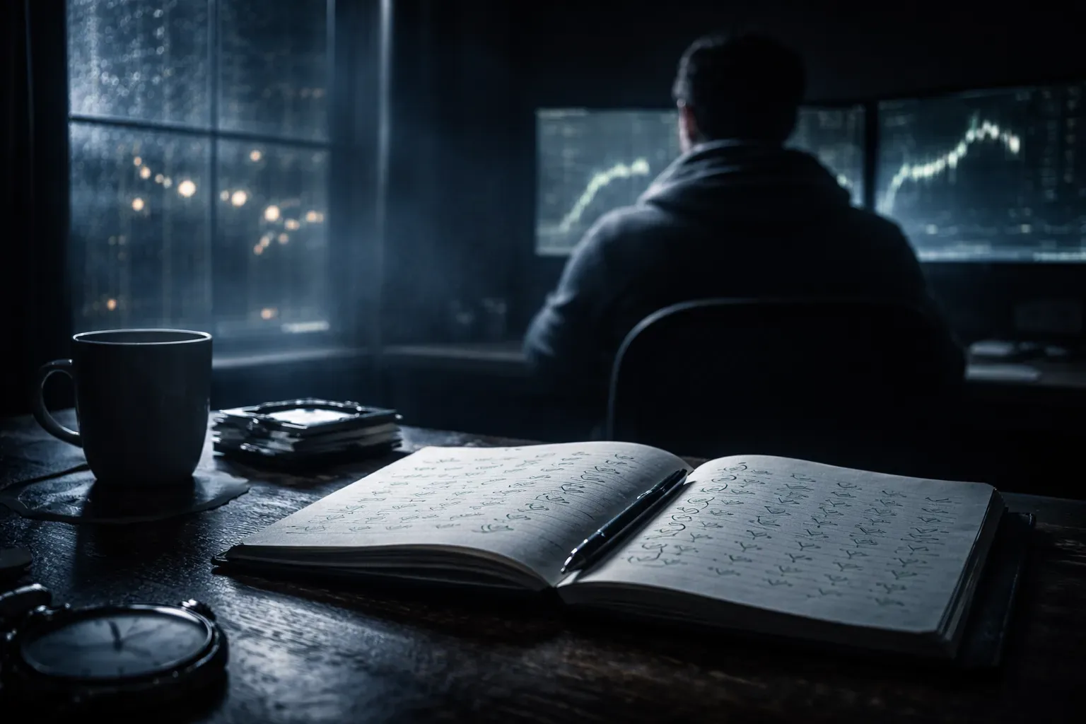 Visual metaphor of a trader with a strong win rate but flat equity curve over time